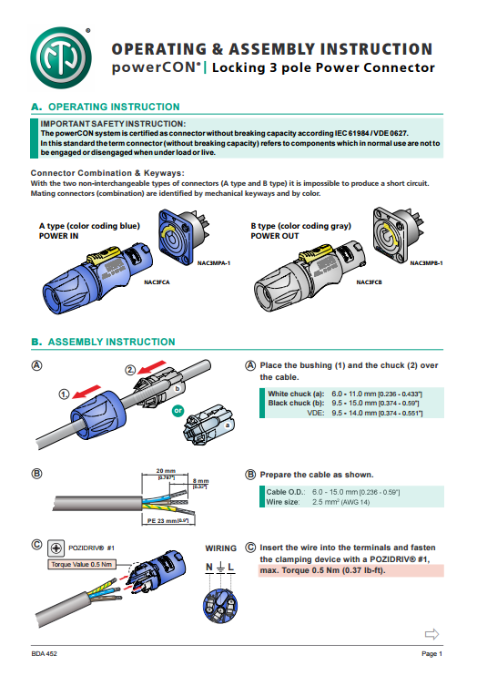 Assembly Instructions Neutrik PowerCon Cables
